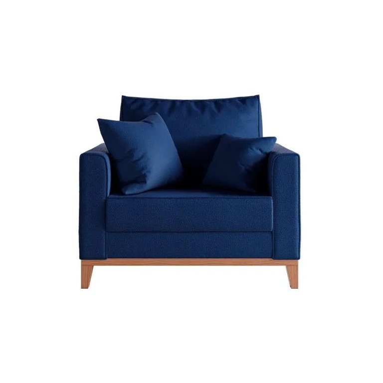 Poltrona Beny Pés E Base Em Madeira Linho Azul M. Rr Decor