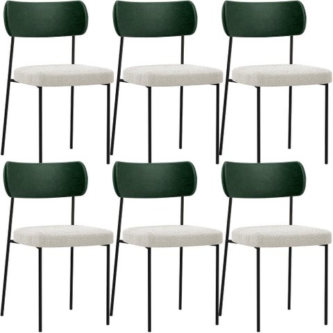 Kit 06 Cadeiras Estofadas para Sala de Jantar Melina L02 Facto Verde Musgo Bouclê Creme - Lyam Decor