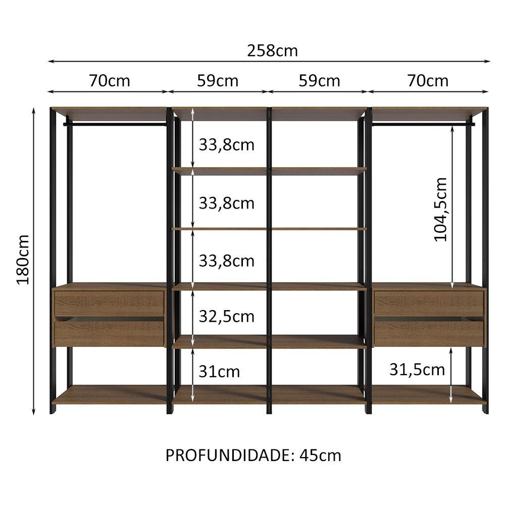 Guarda-roupa Closet Modulado Valencia 4 Gavetas 258cm Rustic/preto Madesa 02 - 4