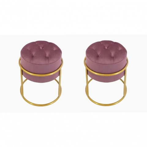 Kit 2 Puff Banqueta Estofado Decorativo Base de Ferro Capitonê Suede Rosê do Lar Móveis e Decora