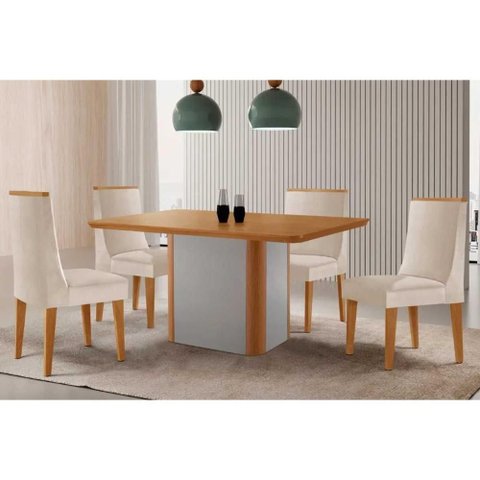 Sala de Jantar Completa Pietá C/ Tampo Madeirado Canto Curvo 120x80cm e 4 Cadeiras Dakota Naturale/