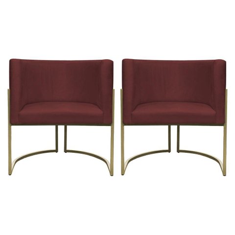 Kit 2 Poltronas Decorativa Recepção Luna Suede Cores Base de Ferro Champagne Bordô Suede