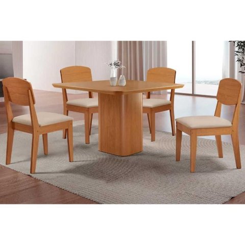 Conjunto: Mesa de Cozinha Maldivas C/ Tampo Madeirado Canto Curvo 90x90cm e 4 Cadeiras Havana