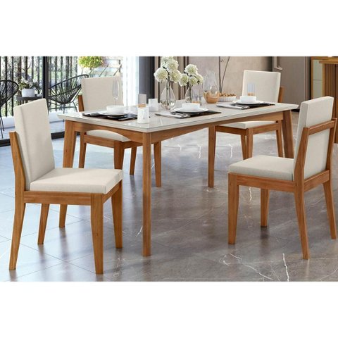 Sala de Jantar Completa Monalisa C/ Tampo Madeirado C/ Vidro 160cm+ 4 Cadeiras Lady Natural - Nesher
