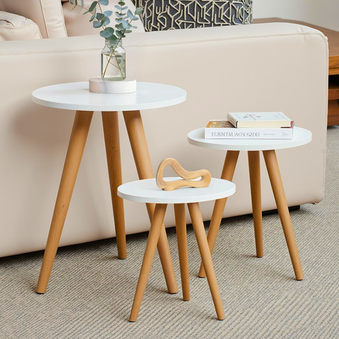 Jogo Três Mesinhas Lateral Multiuso Quarto Bebê Cama Casal Mesa de Centro Pés Retro Redonda Madeira