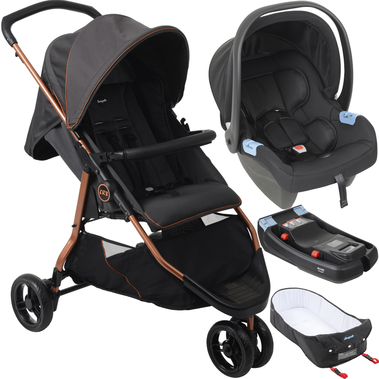 Carrinho Burigotto Cr3 Gray Cobre com Moises Bebe Conforto Base ...
