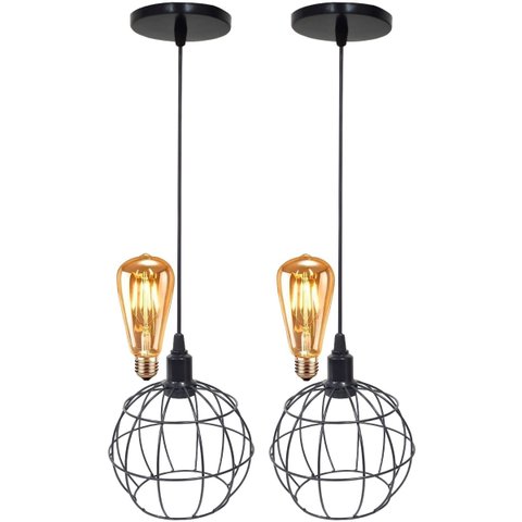 2 Pendentes Aramado Globo Luminária Lustre Retrô Balcão Preto + 2 Lâmpadas Led St64 Vintage