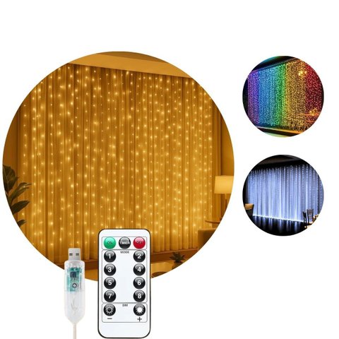Cortina 300 Led 3x3m Branco Quente Pisca 8 Modos de Iluminação Luz Fada Usb Decoração Natal Festa
