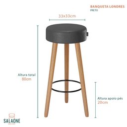 Kit 02 Banquetas Alta 80cm com 3 pés Palito Londres Salaone:Preto - 5