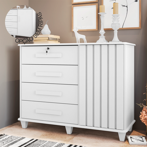 Cômoda Grécia com 1 Porta com Detalhe Ripado e 4 Gavetas 1 Tranca com Chave Branco