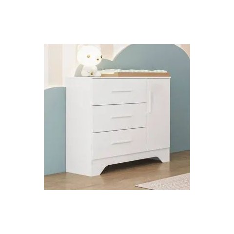 Cômoda Infantil Popy Retrô Peroba em MDF Branco 1 Porta Lisa