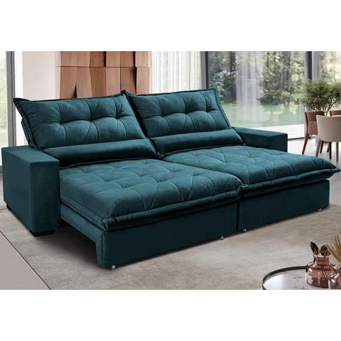 Sofa Retrátil e Reclinável 2,92m com Molas Ensacadas Cama Inbox Soft Tecido Velusoft Petróleo