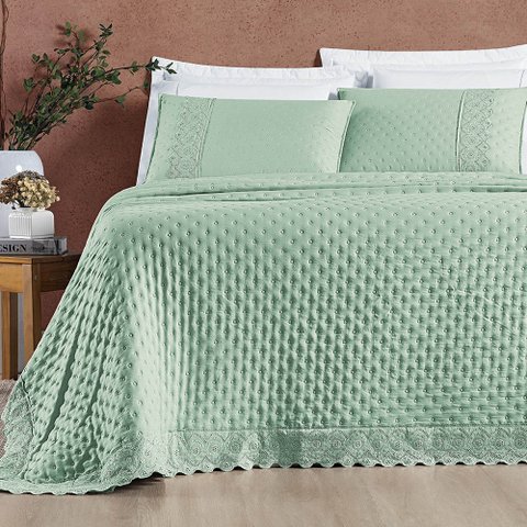 Kit Cobre Leito Colcha Bouclê King Laise Bordada Micropercal 200 Fios 3 Peças - Verde Salvia