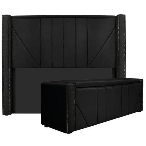 Kit Cabeceira E Calçadeira Baú Casal 140cm Suede Preto