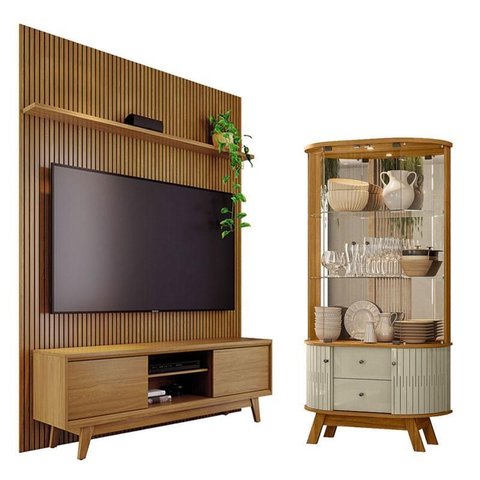 Estante Home Theater com Bancada Suspensa Milo Cumaru com Cristaleira Moss Cumaru Opala- Madetec