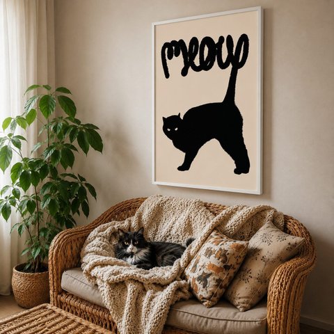 Quadro Canvas Gato Preto Meow 60x40cm Mold Branca