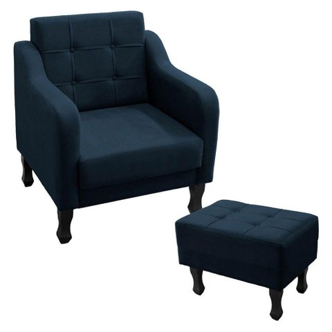 Kit Poltrona Decorativa C- Puff para Sala Bella Suede Cor:azul Marinho