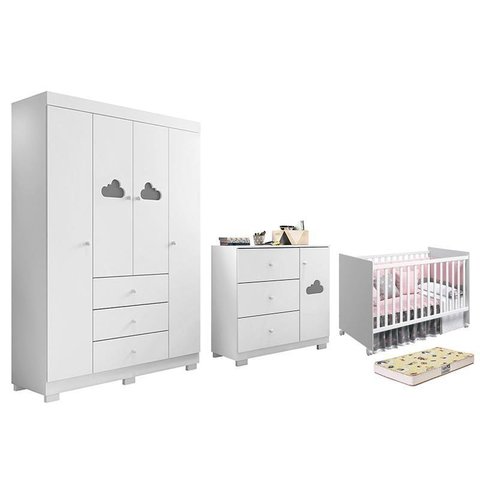 Dormitório Infantil Ane Guarda Roupa, Cômoda, Berço Tico Branco com Colchão Supreme - Phoenix