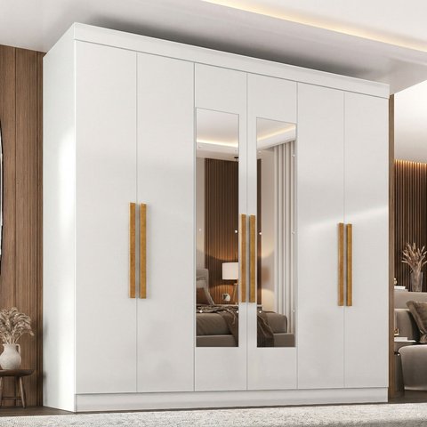 Guarda-Roupa Casal com Espelho 6 Portas 2 Gavetas Paris Branco