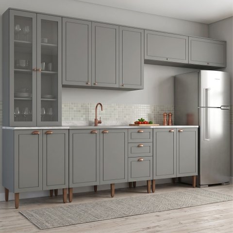 Cozinha Compacta Modulada 6 Peças com 14 Portas Americana Cinza Crystal