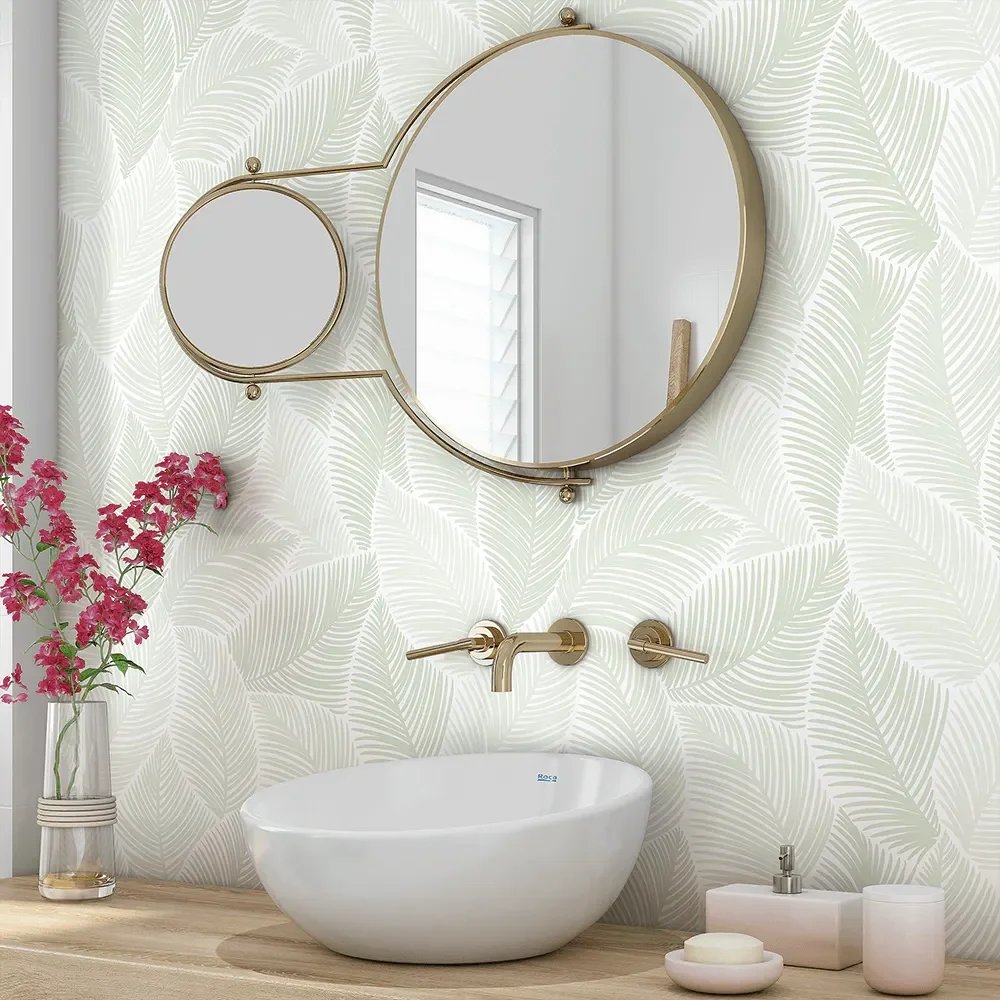 Papel de Parede Adesivo Texturizado Folhas Menta Lavável Fosco 3m