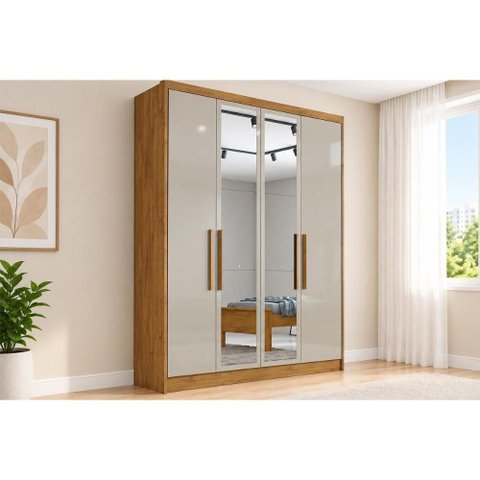 Guarda Roupa Casal 4 Portas (2 c/ Espelho) e 3 Gavetas Moderni/Sevilha Cumaru/Fendi 25 - Novo