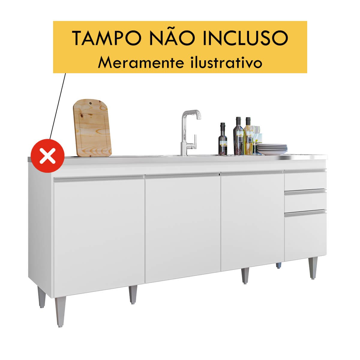 Balcão de Cozinha 180 Cm 4 Portas 2 Gavetas sem Tampo Agatha Branco - 4