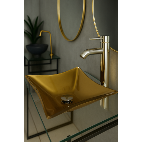 Kit Banheiro Cuba de Vidro + Misturador Inox + Válvula Click:dourado