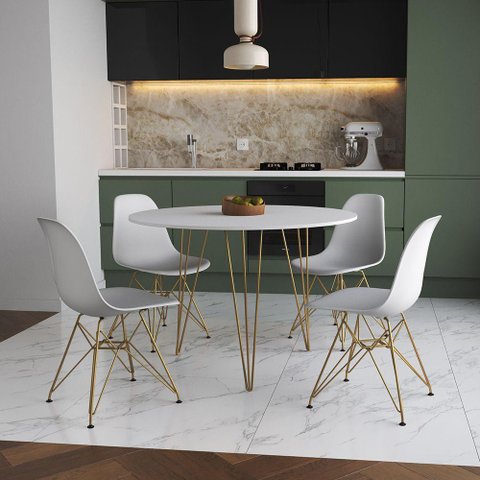 Mesa Jantar Redonda 110cm Branca Clips 3 Pés com 4 Cadeiras Eames Eiffel Brancas Base Dourada