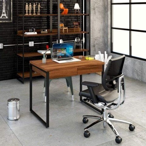 Escrivaninha Mesa Escritório Kuadra 2 Gavetas 90cm Industrial Nogal Marrom