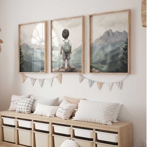Kit 3 Quadros Menino Montanha Aventuras Quarto Infantil Bebê