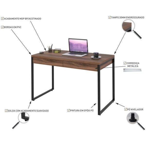 Mesa para Escritório 120cm 2 Gavetas Kuadra  - 5