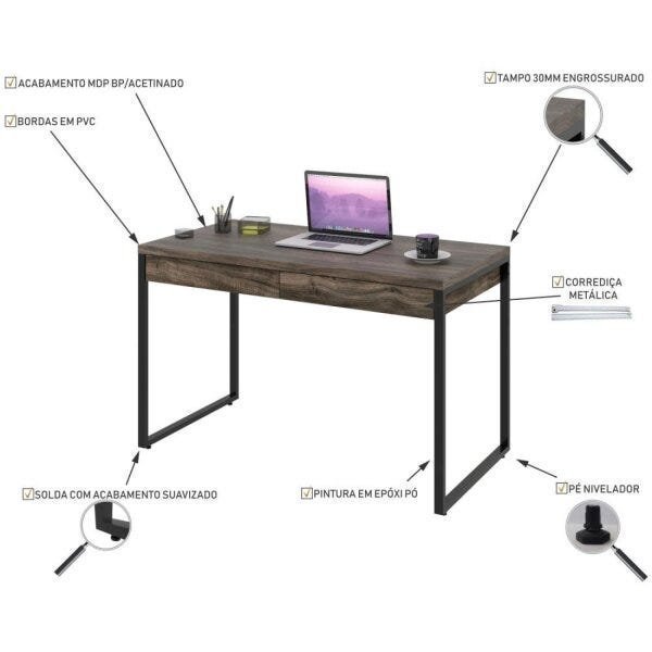 Mesa para Escritório 120cm 2 Gavetas Kuadra  - 5