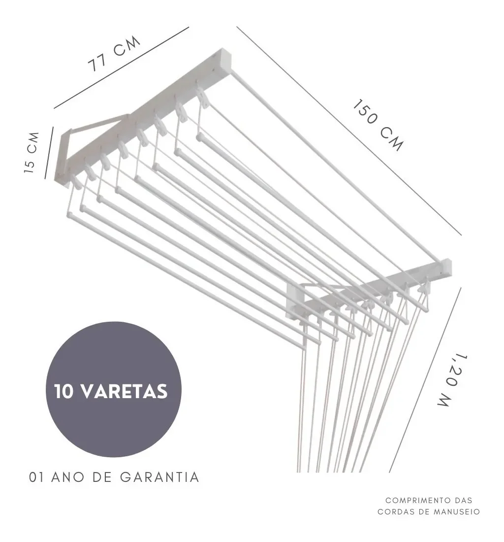 Varal De Parede Individual 150cm x 10 Varetas - Em Alumínio Branco - 2