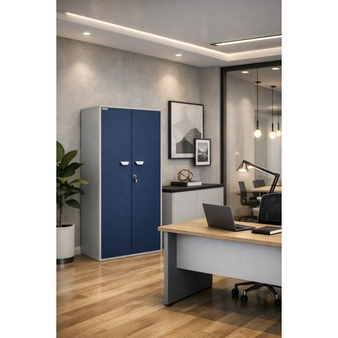 Armário Alto para Escritório 2 Portas 160cm Cinza e Azul