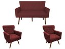 Ver imagem 1 de Kit Namoradeira + 2 Poltronas Decorativa Aurora Suede Marsala Pés Madeira Ms Decor