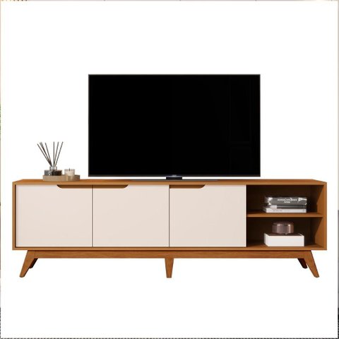Rack Bancada Tucumã 1.8 Tv até 75 Pol. Pés de Madeira Maciça Nature/off White