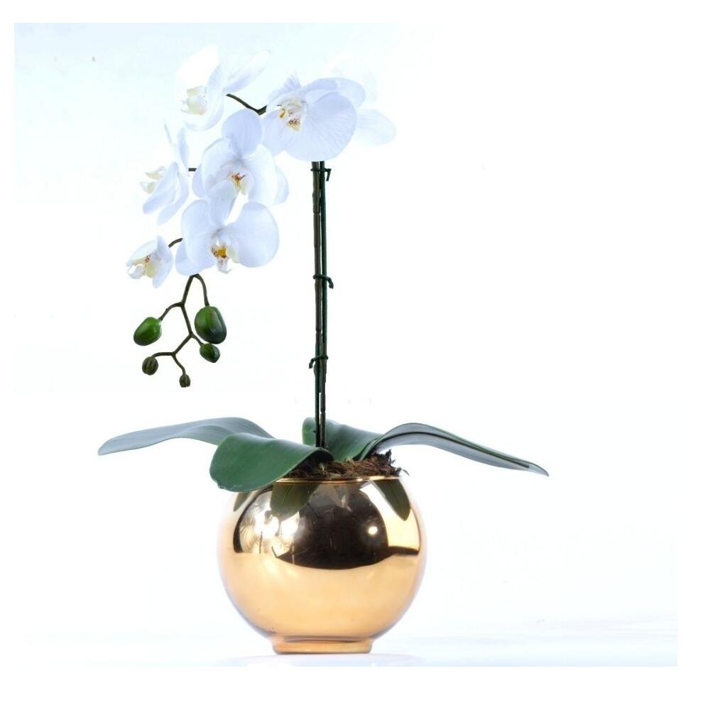 Arranjo de Orquídea Artificial Branca em Vaso Dourado Jade - 1