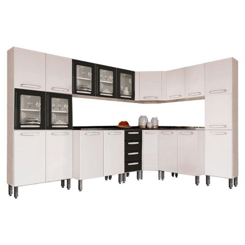 Cozinha Modulada Completa Evidence 8 Peças (3 Armários + 3 Balcões + 2 Paneleiros) C8P22 Branco/Pret