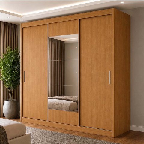 Guarda-Roupa 100% MDF 3 Portas de Correr 4 Gavetas com Espelho 193x213x55cm Cinamomo