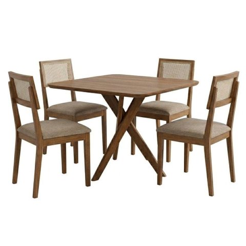 Mesa de Jantar Cacau com 4 Cadeiras Estofadas Encanto Linho Bege Ornar