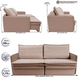 Sofá sem Caixa Retrátil Baú 1,75m Lounge Linho Bege Claro Cama inbox - 11