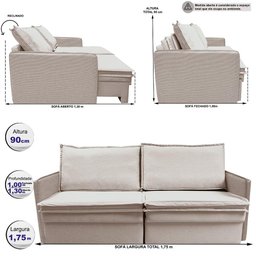 Sofá sem Caixa Retrátil Baú 1,75m Lounge Linho Bege Claro Cama inbox - 3