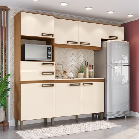 Cozinha Compacta com Tampo 7 Portas 2 Gavetas Jasmine Espresso Móveis Branco/Nature/Off White