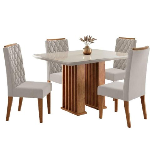 Conjunto de Mesa Sala de Jantar Tampo com Vidro Mond 1,20m 4 Cadeiras Bele Veludo Viero Madeirado
