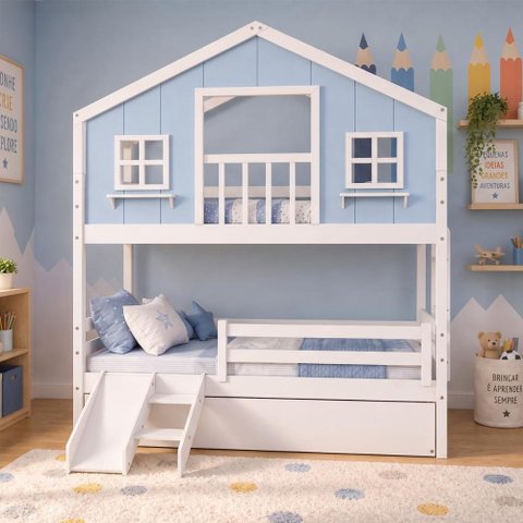 Treliche Casinha Dos Sonhos com Varanda Kit Escorregador e Grade Proteção Madeira Maciça Branco