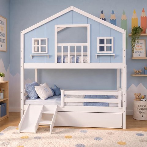 Treliche Casinha Dos Sonhos com Varanda Kit Escorregador e Grade Proteção Madeira Maciça Branco
