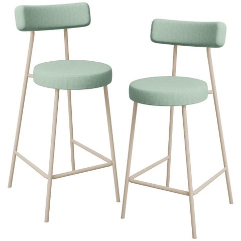 Kit 02 Banquetas Baixa Bar Cozinha Sala de Jantar Aço Milão Arena L02 Linho Verde Menta - Lyam Decor