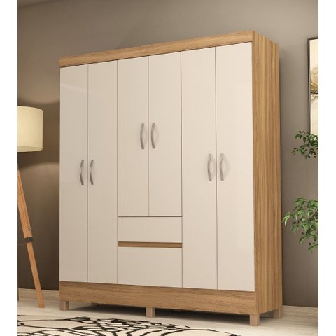 Guarda-roupa Ecom Ii 128m com Cabideiros, 2 Gavetas e Prateleiras - Amendola Touch/ Off White Demóbi