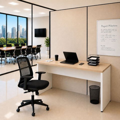 Conjunto Mesa de Escritório 140x60cm Cadeira Ergonômica Reclinável Sistema Syncron Pistão Classe 4